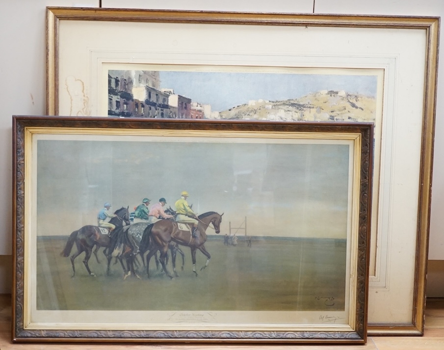 Edward Seago RBA, ARWS, RWS (1910-1974), Continental harbour view, signed in pencil together with Alfred Munnings, colour print 'October Meeting', signed in pencil, largest 49 x 66cm. Condition - poor to fair